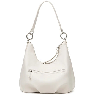 Luxury white crossbody bag for women, casual satchel with wide straps and zipper closure.