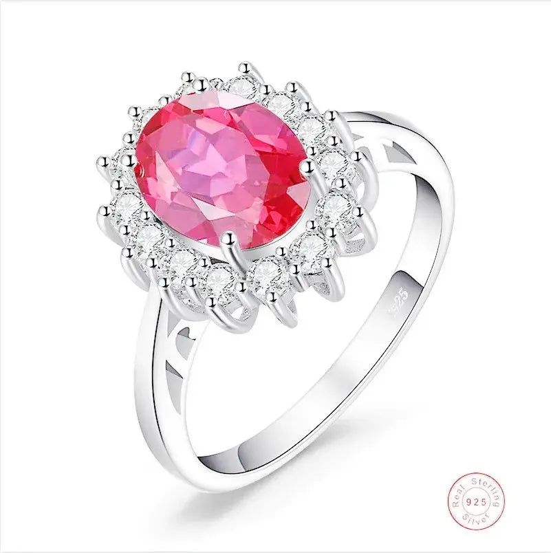 Rings Sterling Silver with Oval Pink Gemstone and Sparkling Accents for Women