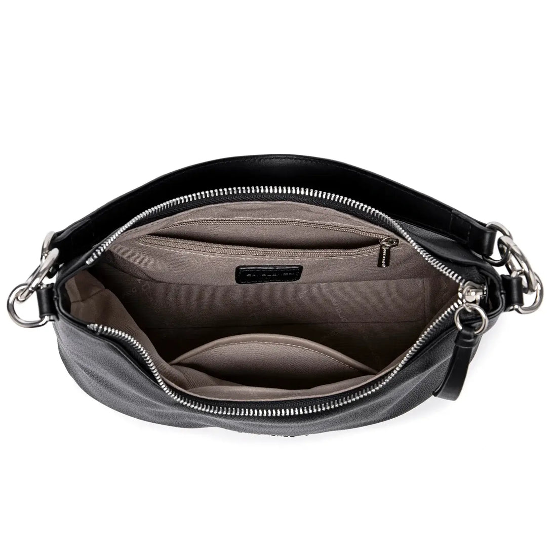 Black luxury crossbody bag interior with zipper and interior pockets, perfect for casual outings and parties.