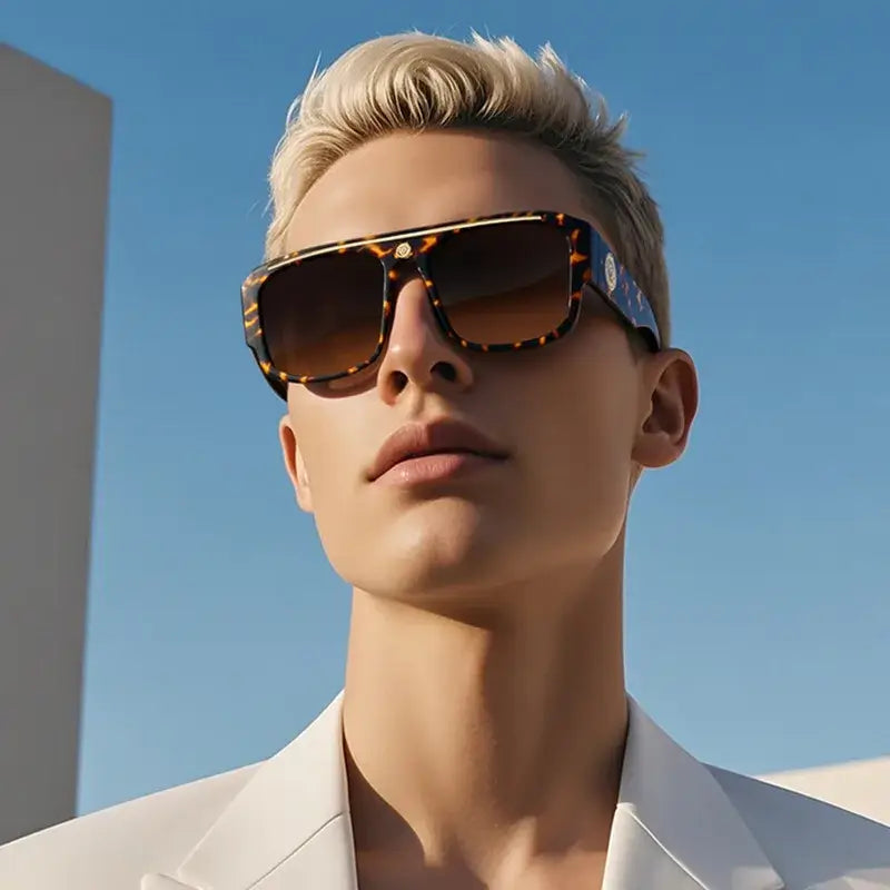 Sunglasses on a model with a stylish look and tortoiseshell frame under a clear blue sky.