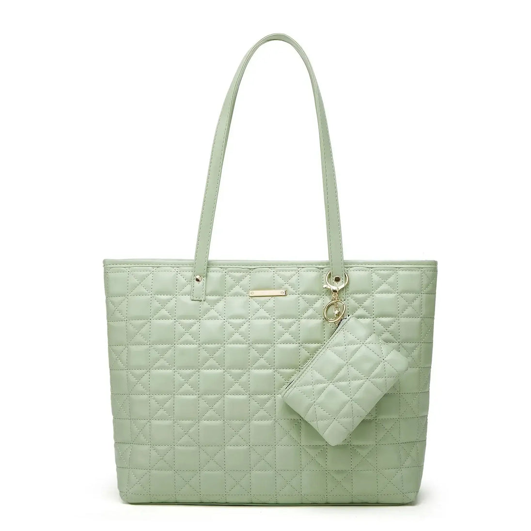 Tote Bag Soft & Versatile Two Piece Set in light green, featuring quilted design and matching pouch for stylish daily use.