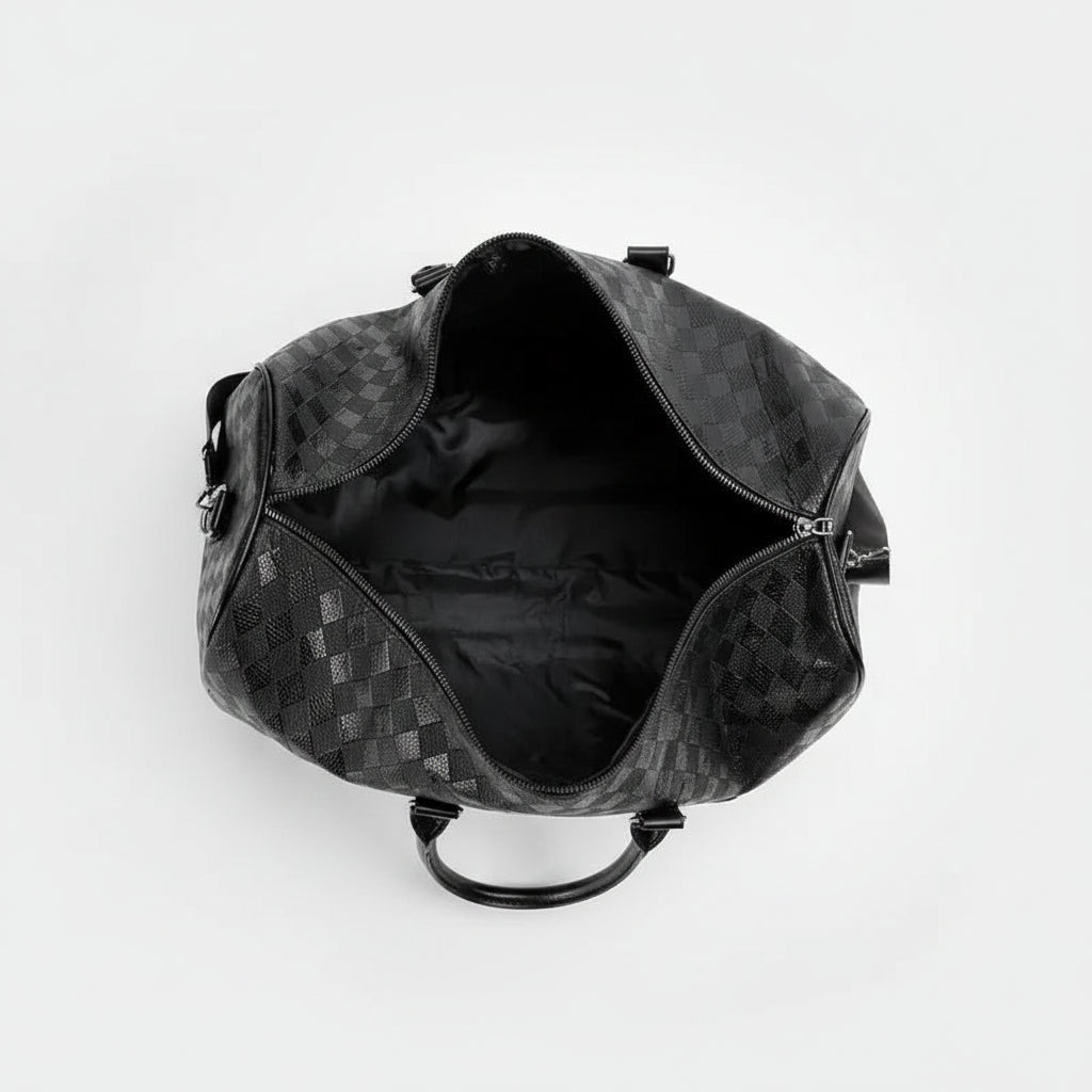 Travel bags showing the interior view of a stylish black duffle bag with zipper closure.