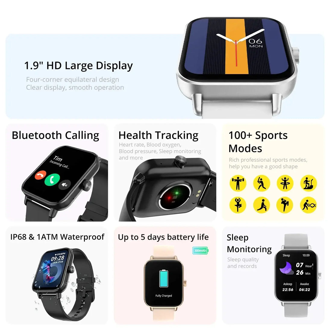 Smartwatch with 1.9" HD display, Bluetooth calling, health tracking, and 100+ sports modes for men and women.
