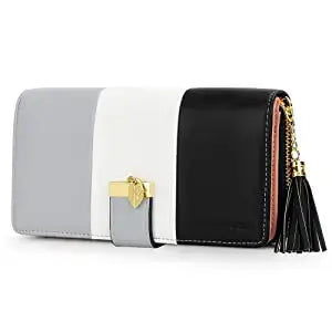 Womens Wallet RFID Blocking Genuine Leather Multi Credit Card with zipper closure and decorative button, stylish black, white, and gray design.