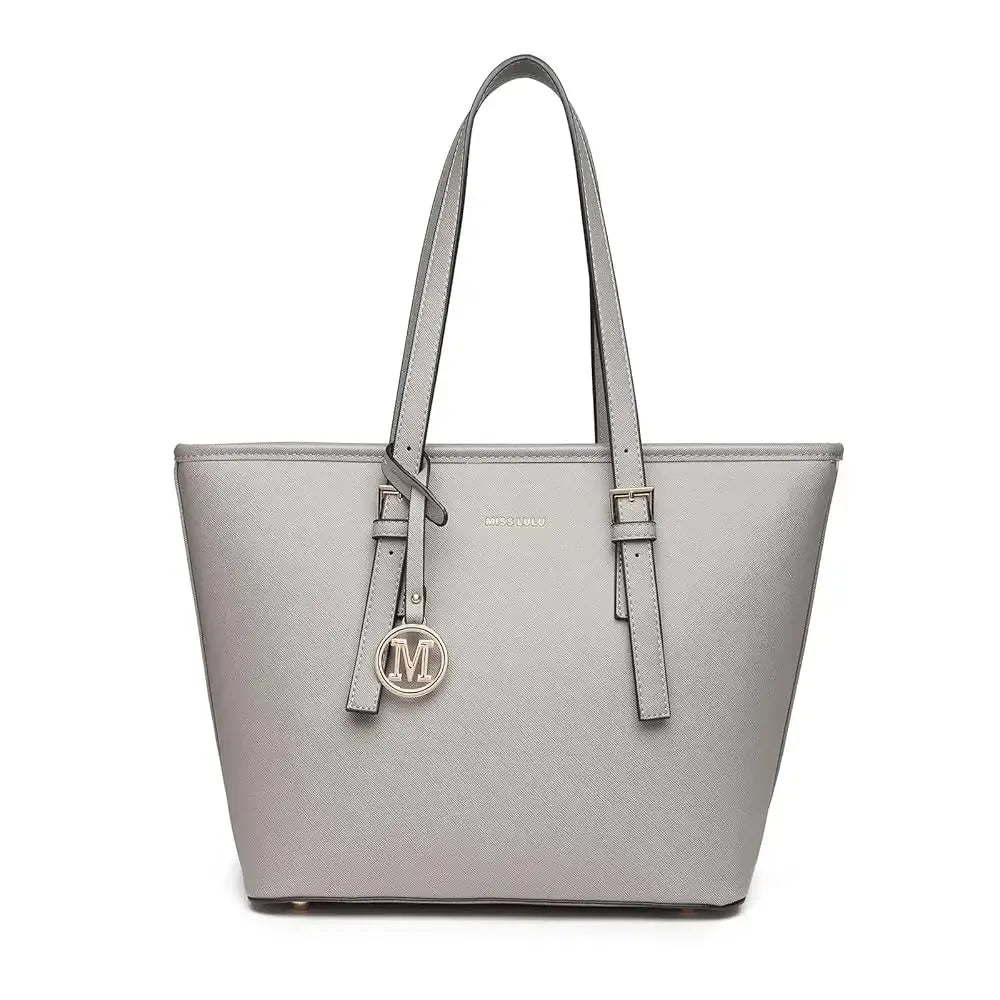 Large Shopper Tote Bag in grey faux leather with elegant gold accents and a stylish charm.