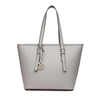 Large Shopper Tote Bag in grey faux leather with elegant gold accents and a stylish charm.