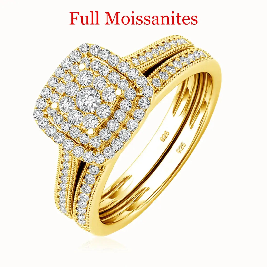 Moissanite Ring Set for Women featuring Full Moissanites in a gold setting, perfect for couple gifts or fine jewelry.
