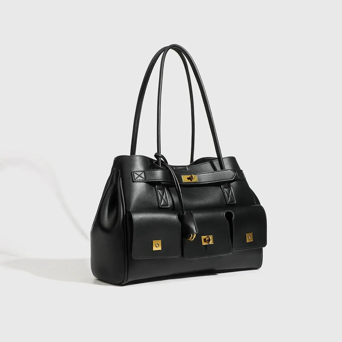Black Tote Bag with Zipper Pocket featuring solid design and elegant gold accents, perfect for women and unisex use.