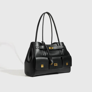 Black Tote Bag with Zipper Pocket featuring solid design and elegant gold accents, perfect for women and unisex use.