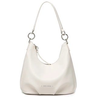 Luxury white crossbody bag for women, casual shoulder satchel with wide straps and zipper closure.