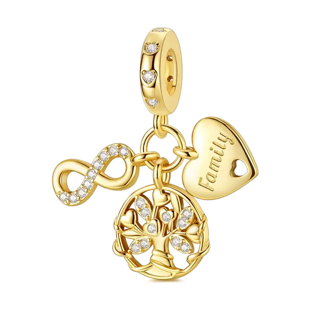 Charm Beads 925 Sterling Silver charm bead with family tree, infinity symbol, and heart design.