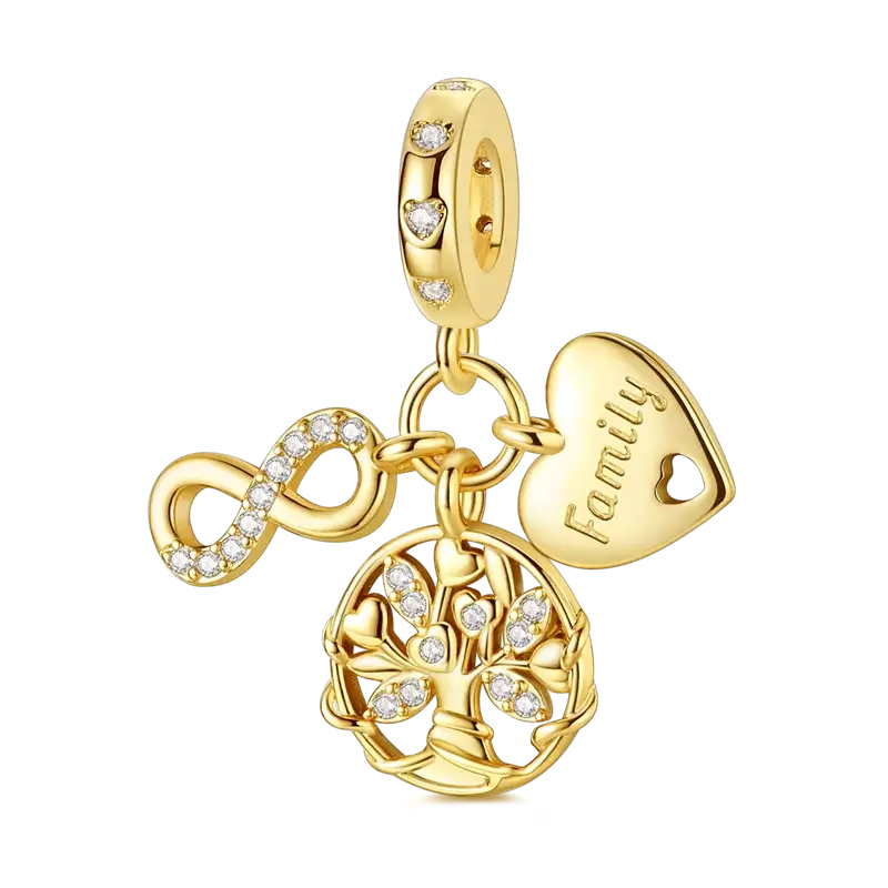 Charm Beads 925 Sterling Silver charm bead with family tree, infinity symbol, and heart design.
