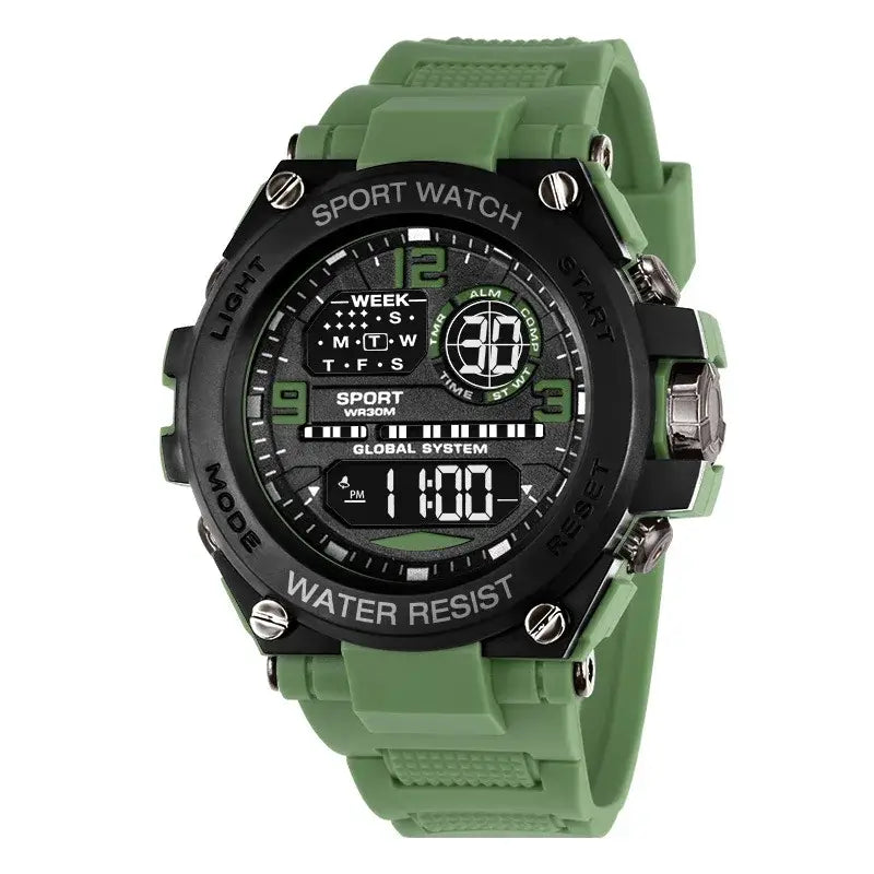 Mens Digital Sport Watch – Waterproof Electronic Stopwatch featuring a green band and digital display.