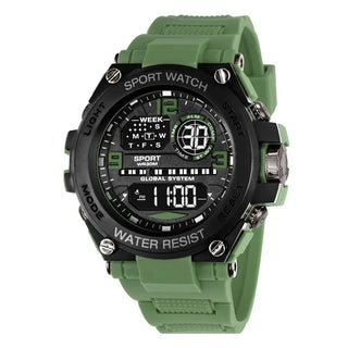Mens Digital Sport Watch – Waterproof Electronic Stopwatch featuring a green band and digital display.