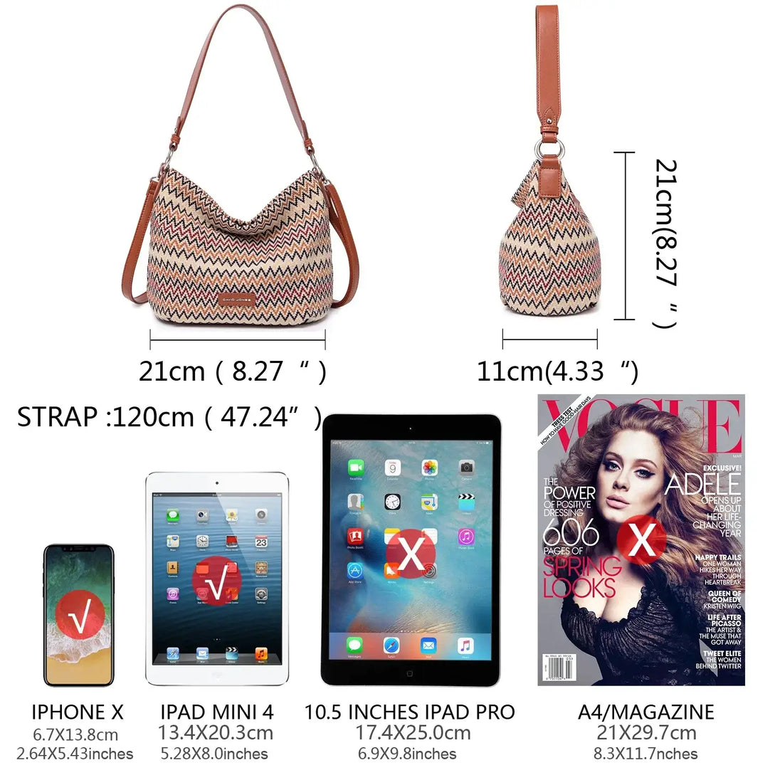 Multicolor zigzag pattern women's shoulder bag, stylish and functional, perfect for everyday use.