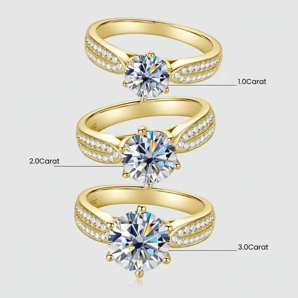 Moissanite Wedding Engagement Rings for Women showcasing 1.0, 2.0, and 3.0 carat options in yellow gold.