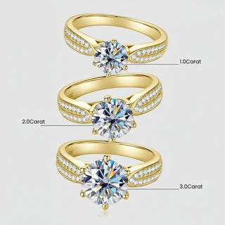 Moissanite Wedding Engagement Rings for Women showcasing 1.0, 2.0, and 3.0 carat options in yellow gold.