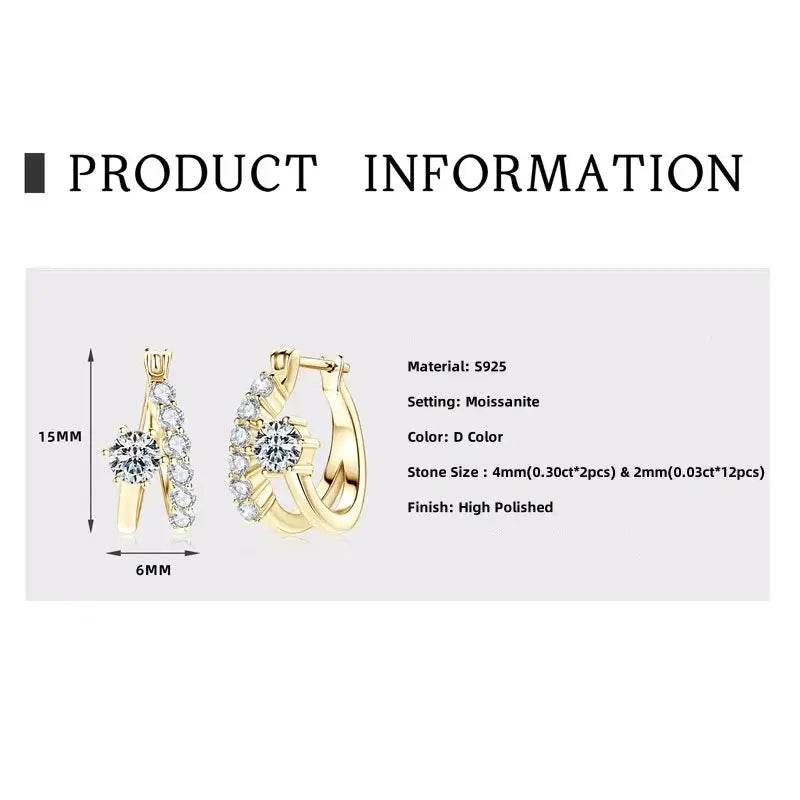 Moissanite Diamond Round Earrings showcasing setting, dimensions, material, and polished finish.