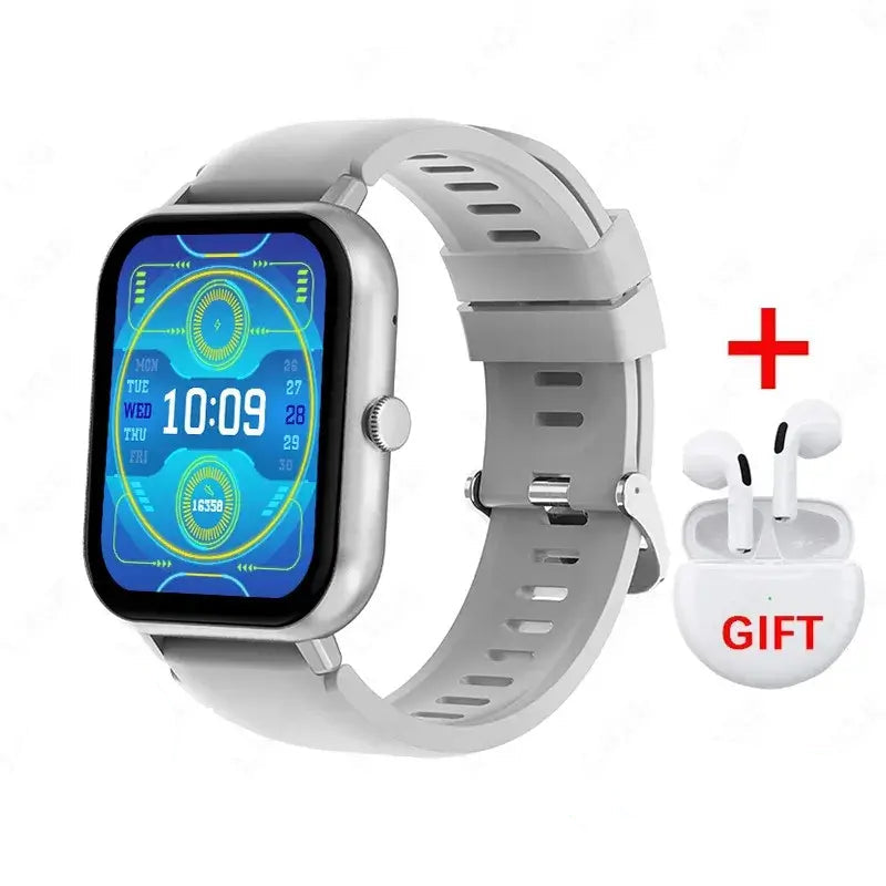 Smartwatches with Bluetooth featuring a sleek design and a colorful display, available with a gift of earbuds.