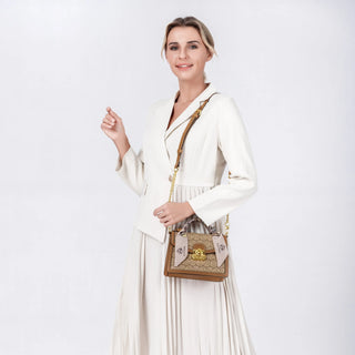 Woman model wearing a stylish Women's Shoulder Crossbody Bag, showcasing a fashionable outfit with light colors.
