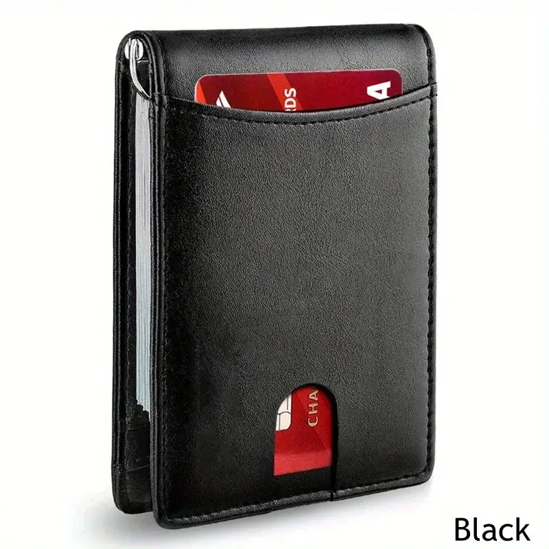 Men Wallet PU Credit Card Clip Mini RFID Blocking in black leather with visible credit card slot