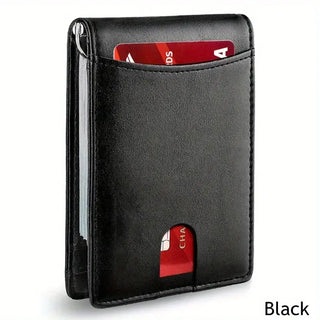 Men Wallet PU Credit Card Clip Mini RFID Blocking in black leather with visible credit card slot