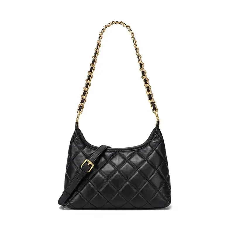 Genuine leather shoulder bag with quilted design and gold-tone chain strap, perfect for daily and evening outfits.