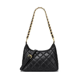 Genuine leather shoulder bag with quilted design and gold-tone chain strap, perfect for daily and evening outfits.