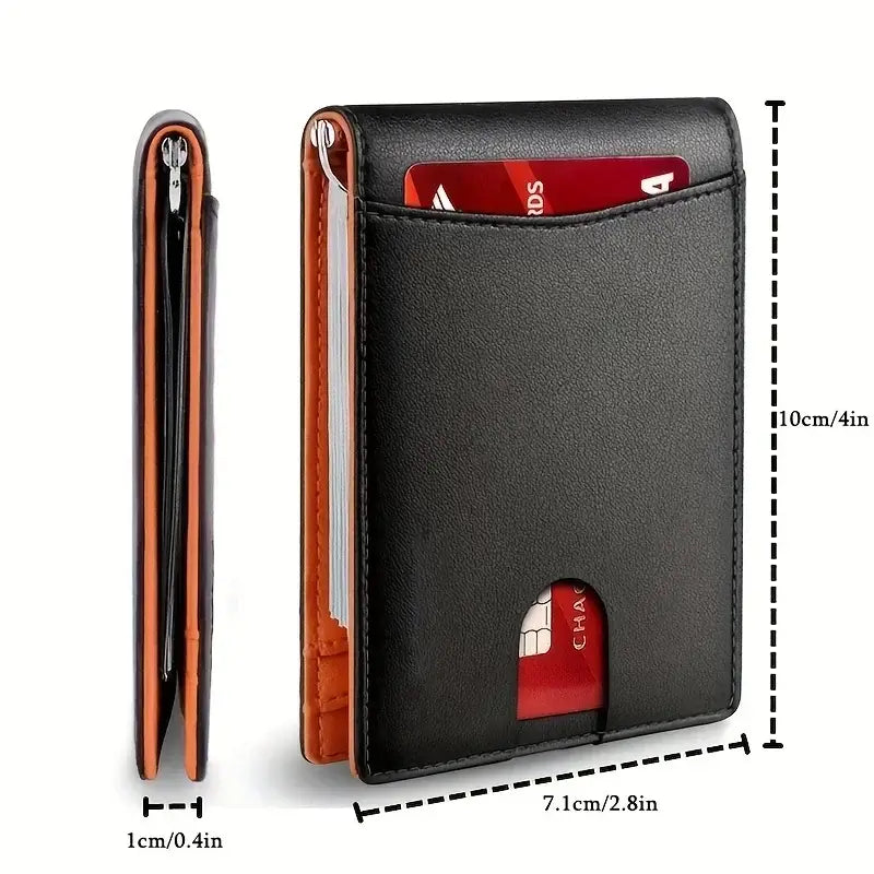 Men Wallet PU Credit Card Clip Mini RFID Blocking shown in black with credit card slots and dimensions.