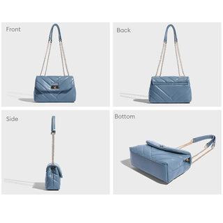 Crossbody bag for women in blue PU leather, showcasing front, back, side, and bottom views with chain straps.