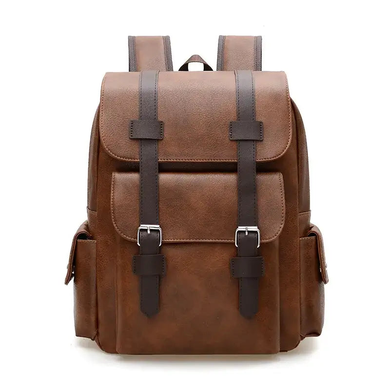 Backpack for men, leather large capacity casual travel backpack with zipper closure and adjustable straps.