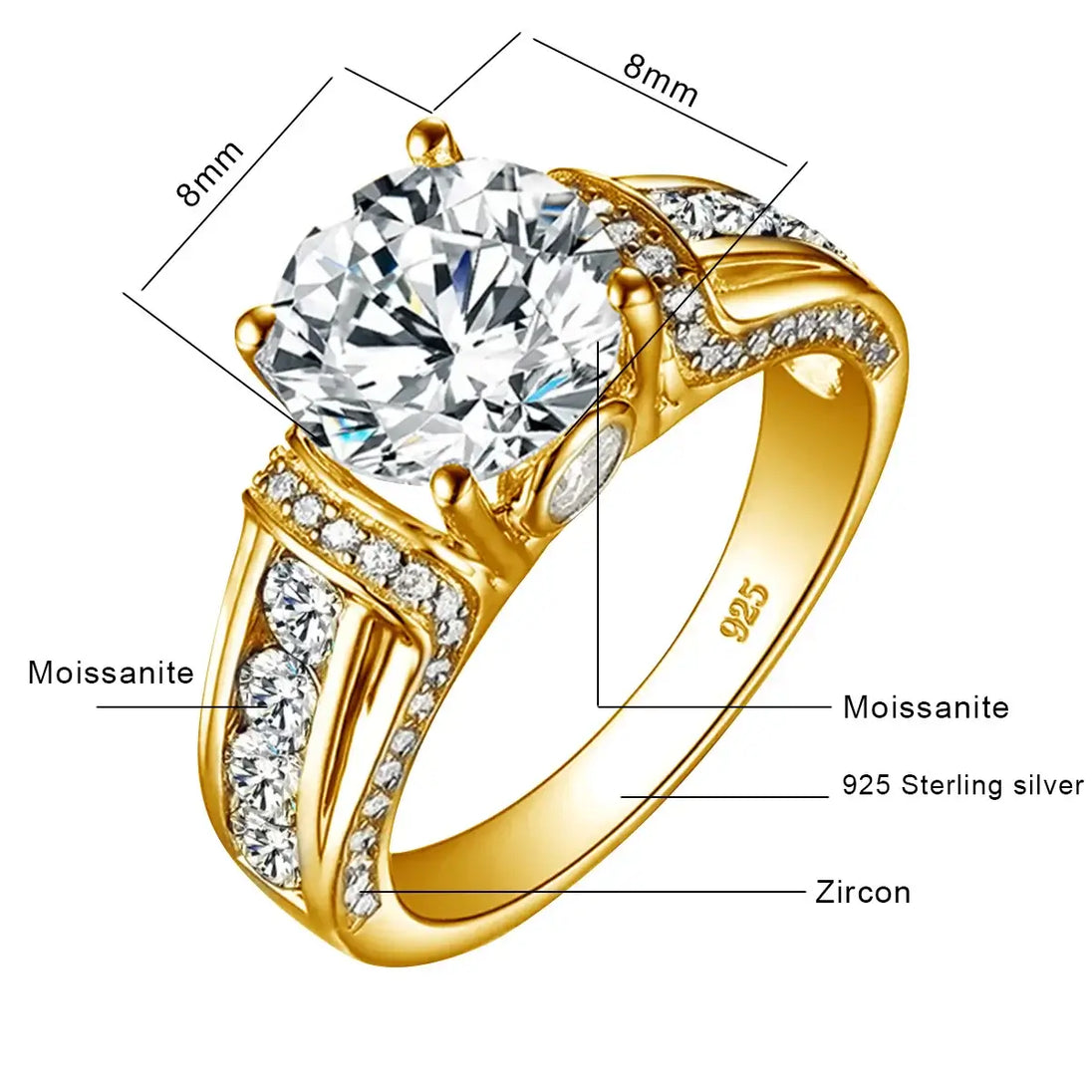 Ring Moissanite Diamond for Women in gold setting with zircon stones and 8mm Moissanite, marked 925 sterling silver.