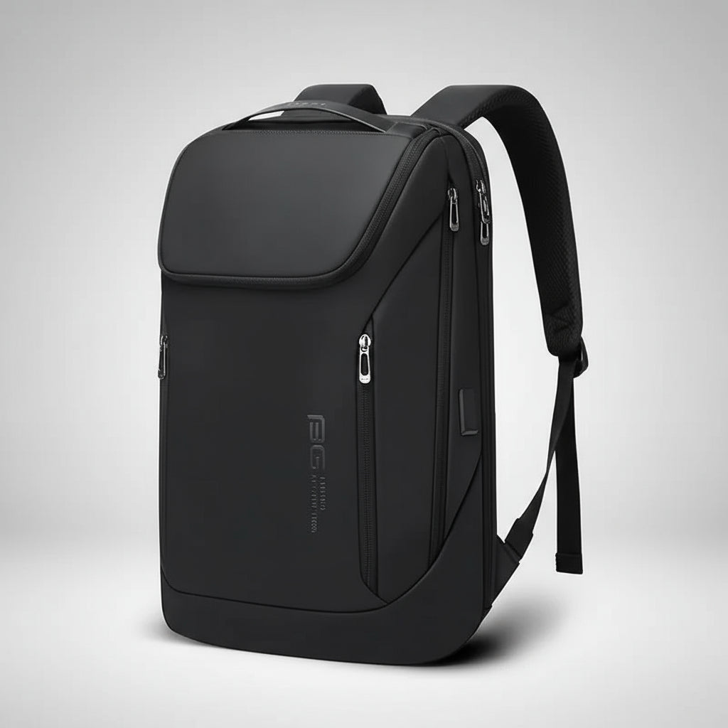 Bange Backpack USB Charging Waterproof in sleek black design showcasing multiple pockets and cable access.