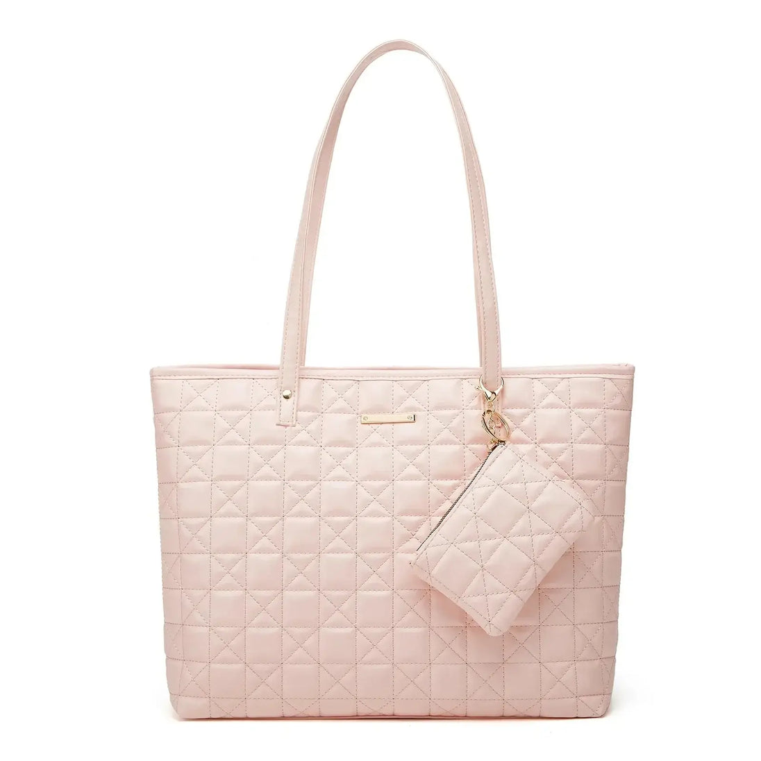 Tote Bag Soft & Versatile Two Piece Set in light pink with a quilted design and matching pouch.