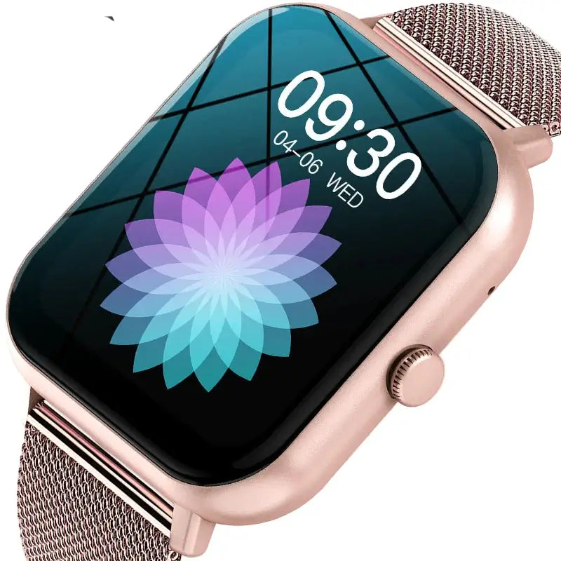 Smartwatches with Bluetooth featuring a sleek design, showing time and floral display on a modern touch screen.