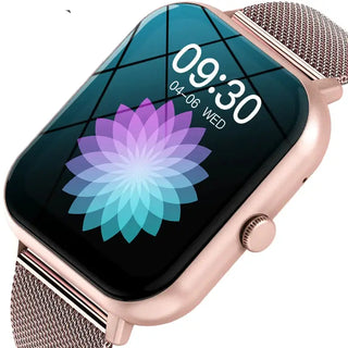 Smartwatches with Bluetooth featuring a sleek design, showing time and floral display on a modern touch screen.