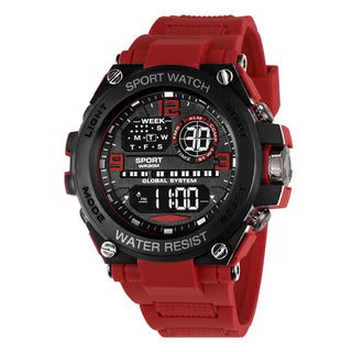 Mens Digital Sport Watch – Waterproof Electronic Stopwatch in red with black accents and digital display.