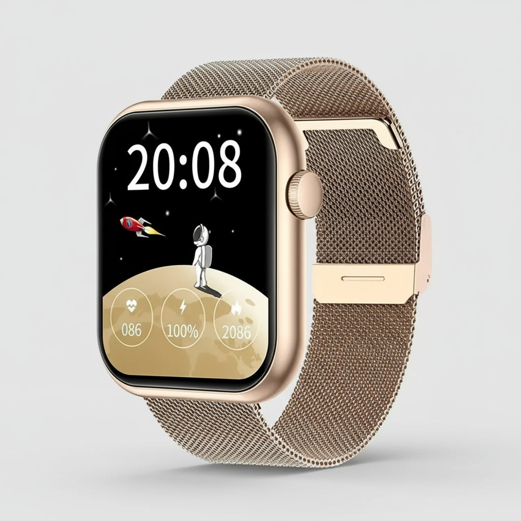 Smartwatches featuring a sleek design with Bluetooth call and message notifications, tracking steps and activity.