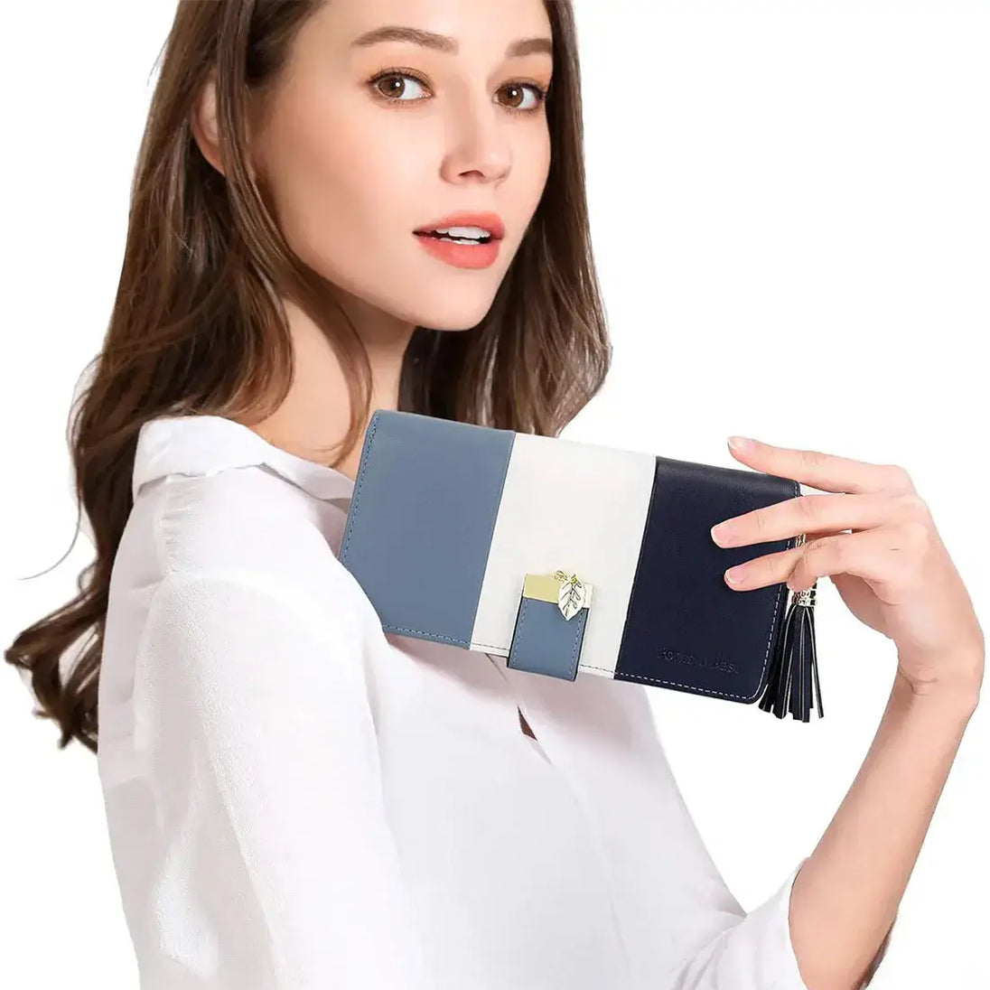 Womens Wallet RFID Blocking Genuine Leather Multi Credit Card held by a woman in a white shirt, featuring a stylish zipper closure.