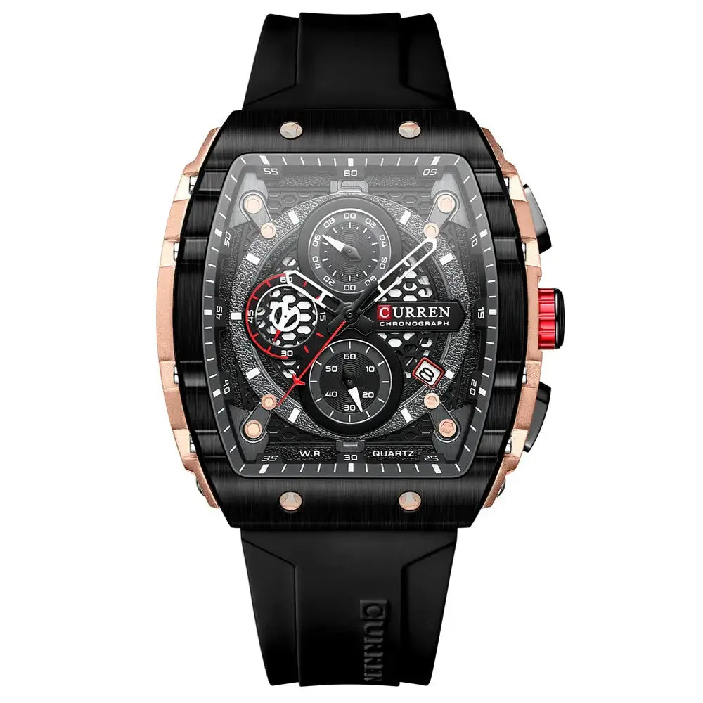 Sports Watches Unique Rectangular design with a black silicone band and chronograph features.