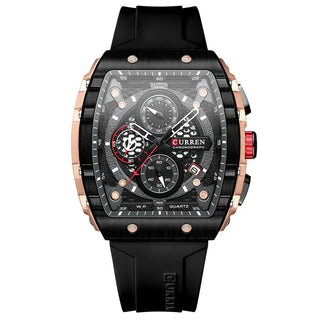 Sports Watches Unique Rectangular design with a black silicone band and chronograph features.