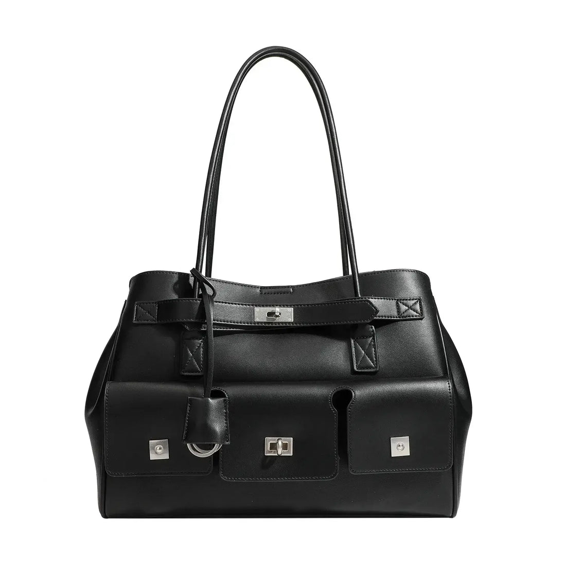 Black Tote Bag With Zipper Pocket featuring solid exterior and hasp closure for women and unisex.