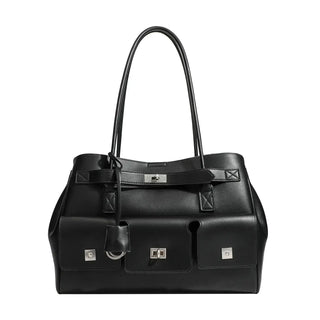 Black Tote Bag With Zipper Pocket featuring solid exterior and hasp closure for women and unisex.