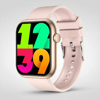 Smartwatches with Bluetooth call message notifications showing colorful digital clock display on pink strap.