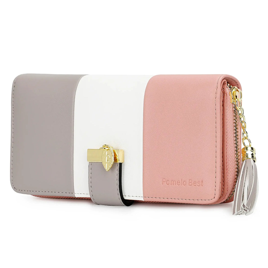 Womens Wallet RFID Blocking Genuine Leather with zipper closure and button decoration in pink, gray, and white colors.