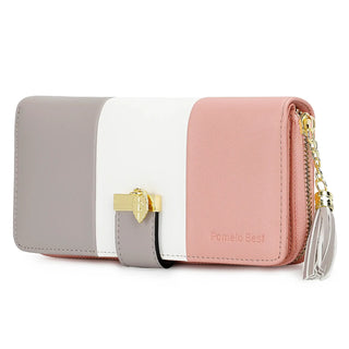 Womens Wallet RFID Blocking Genuine Leather with zipper closure and button decoration in pink, gray, and white colors.