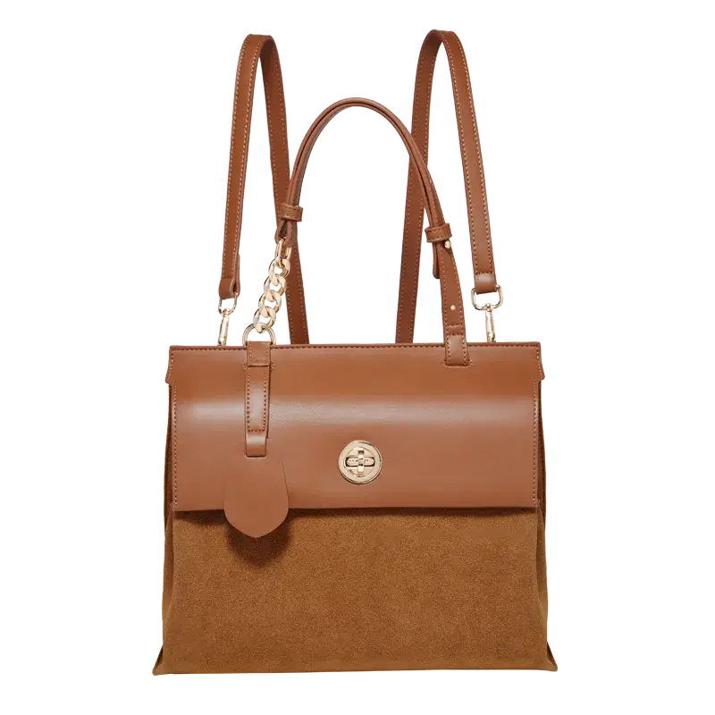 Leather Backpack PVC in vintage style with flap closure, brown PVC and suede, designed for women.