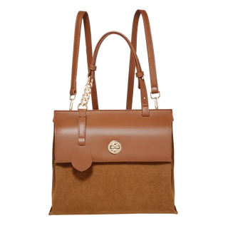 Leather Backpack PVC in vintage style with flap closure, brown PVC and suede, designed for women.