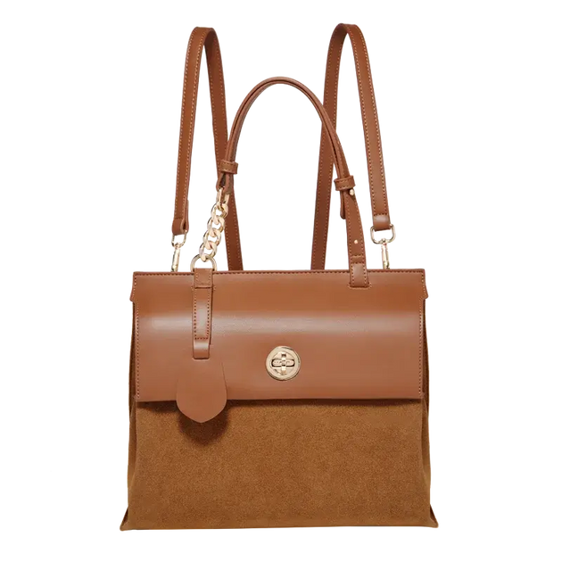 Leather Backpack PVC in vintage style with flap closure, brown PVC and suede, designed for women.