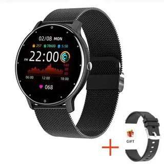 Smart Watch Full Touch Screen with black mesh strap and additional gift strap, showcasing vibrant AMOLED display.